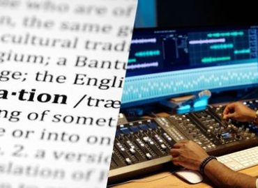 Image of the word translation and a man wearing headphones editing on his computer