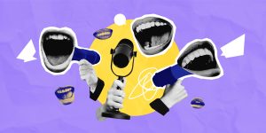Collage showing large mouths with megaphones and a microphone in cutout style on a colorful background, concept of communication and talk