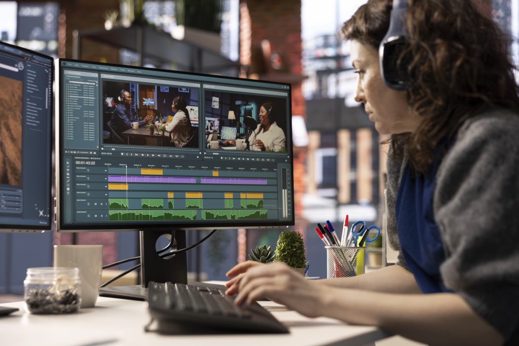Woman video creator working on editing a movie montage project, multitasking with dual monitors. Female footage editor starting the cinematic creative process, film editing industry.