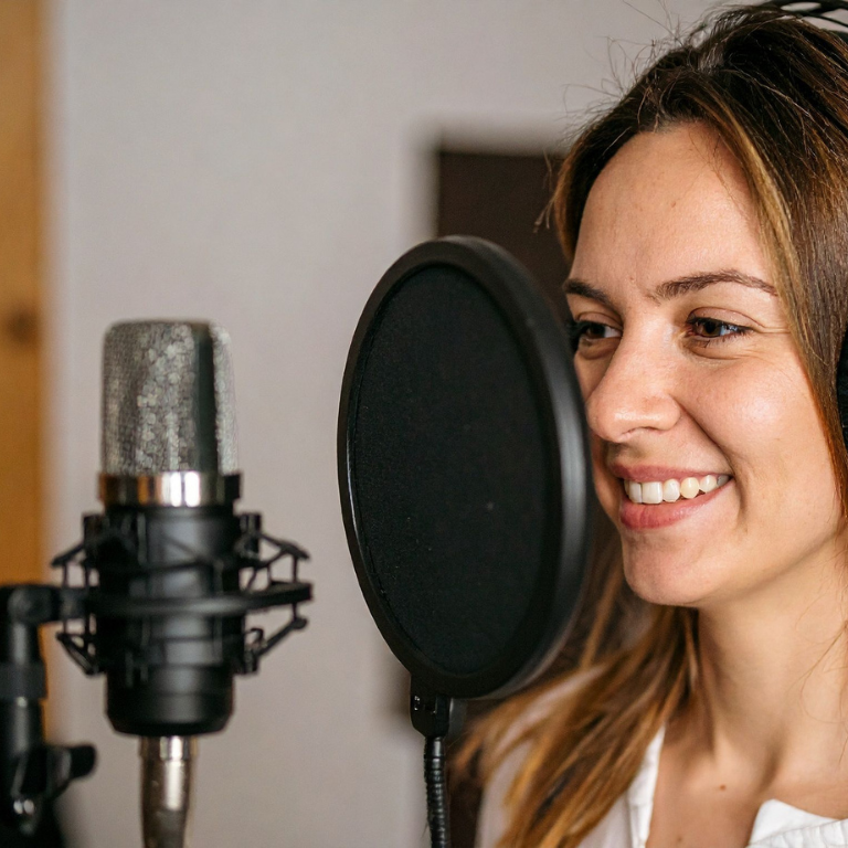 image shows a woman smiling behind a pop shield and a studio microphone