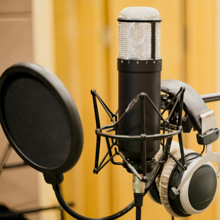a professional studio microphone, a pop shield and a pair of headphones