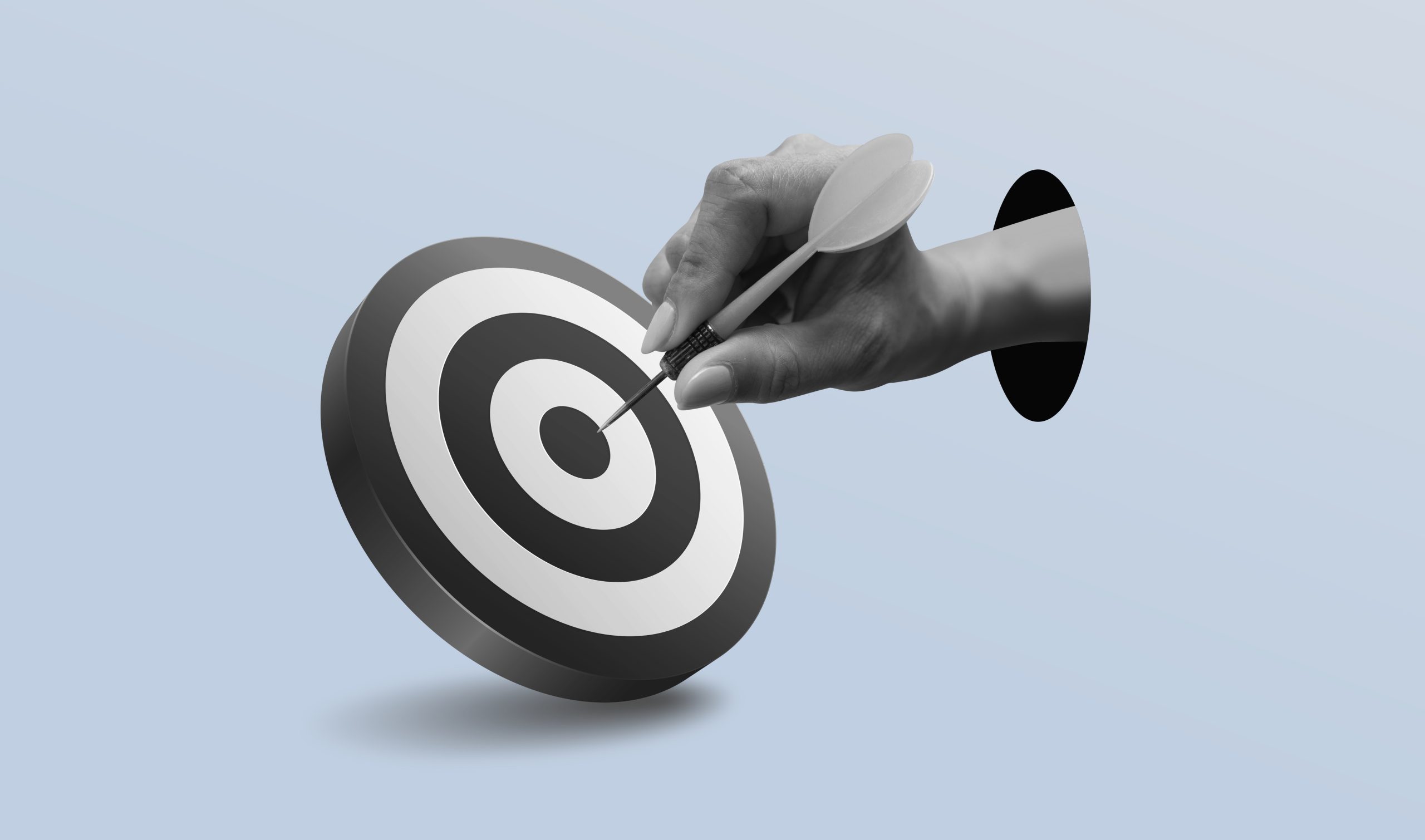 Holding a dart aiming at the target - business targeting 3d illustration, aiming, focus concept. Art collage digital pop modern art