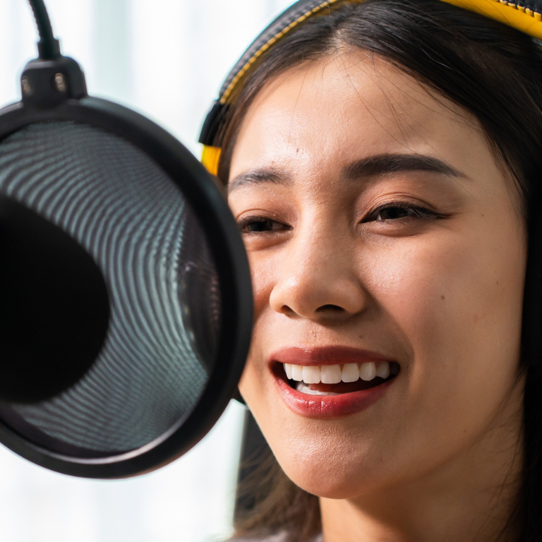 asian woman speaking into a studio microphone