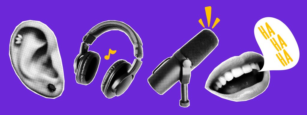 Podcast music microphone for halftone collage radio and talk sound element. Art show studio for pop voice sticker and trendy media mic. Podcast audio cover for halftone live speech and collage.