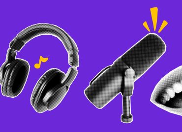 Podcast music microphone for halftone collage radio and talk sound element. Art show studio for pop voice sticker and trendy media mic. Podcast audio cover for halftone live speech and collage.