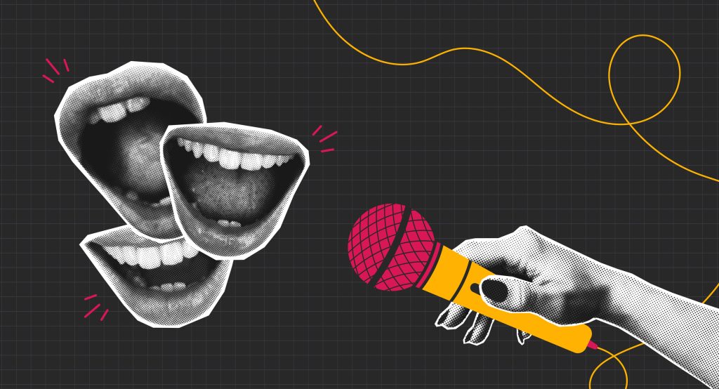 Halftone collage mouths and microphone in hand. Collage banner would be fine for interview, podcast, news, public speaker or karaoke and singing. Halftone open mouth and mic. Vector illustration.