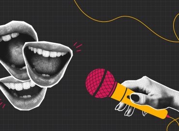 Halftone collage mouths and microphone in hand. Collage banner would be fine for interview, podcast, news, public speaker or karaoke and singing. Halftone open mouth and mic. Vector illustration.